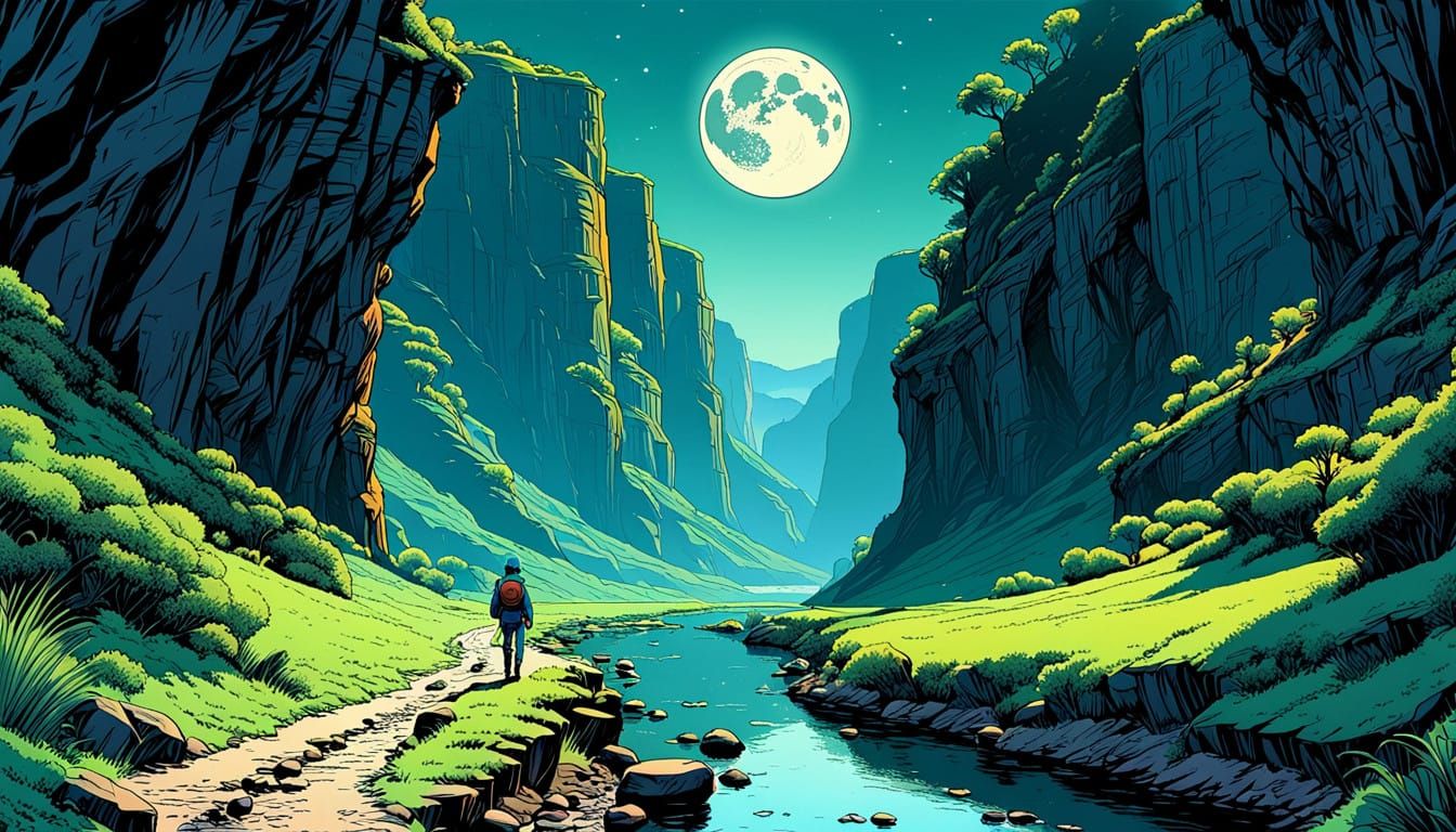 Ethereal Canyon Scene in Ligne Claire Style