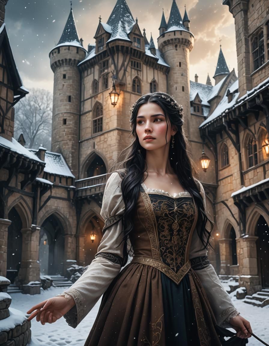 Medieval Maiden in Snowy Castle Courtyard