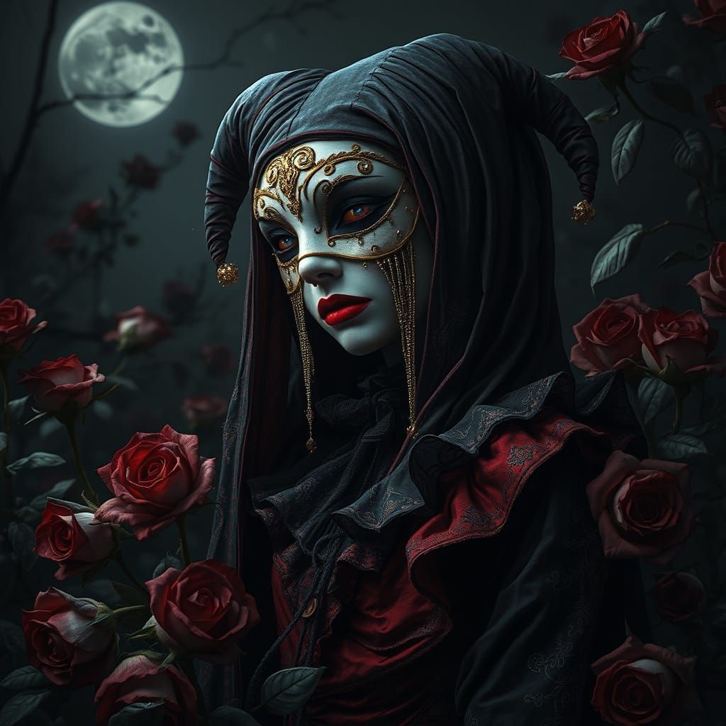 Sorrowful Harlequin in a Moonlit Rose Garden