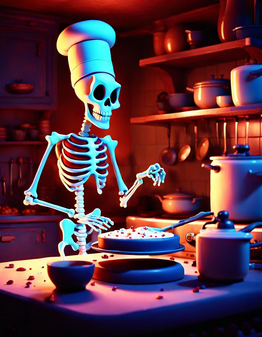 Animated Skeleton Baking Cake in Spooky Kitchen