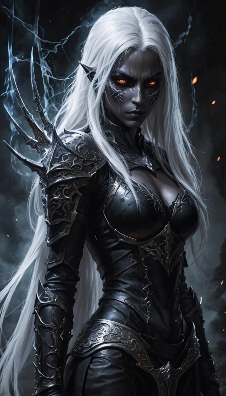 Beautiful dark elf fighter with long white hair and a tight ...
