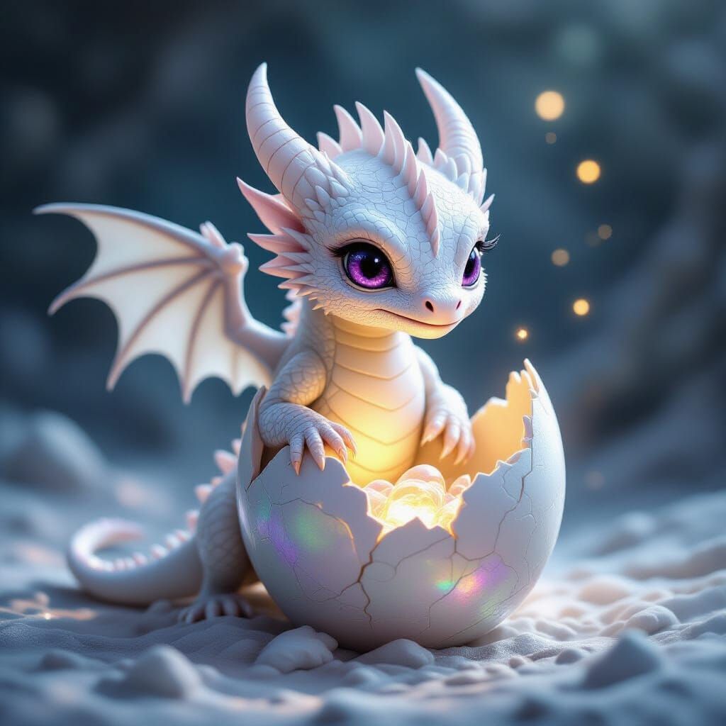 Hyperrealistic White Baby Dragon Emerging from Iridescent Eg...
