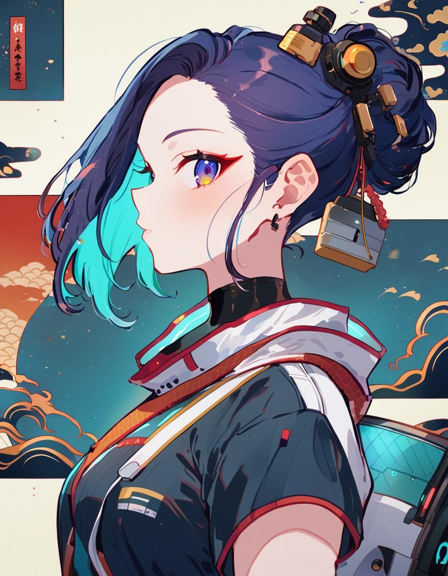 Cyberpunk Woman in Ukiyo-e Style, Side Profile