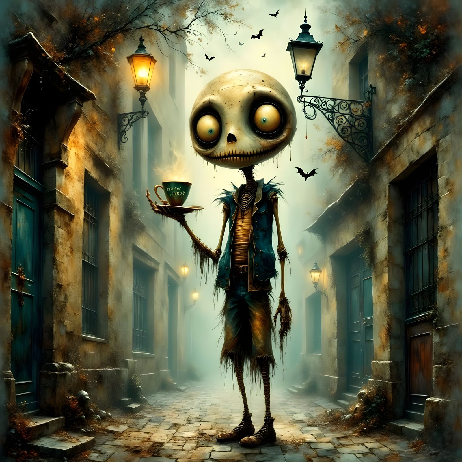 Tim Burton-Style Zombie with Coffee in Gothic Alley