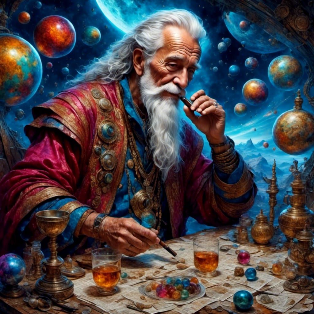 Elderly Man Smoking Pipe in Space, 3D Painting