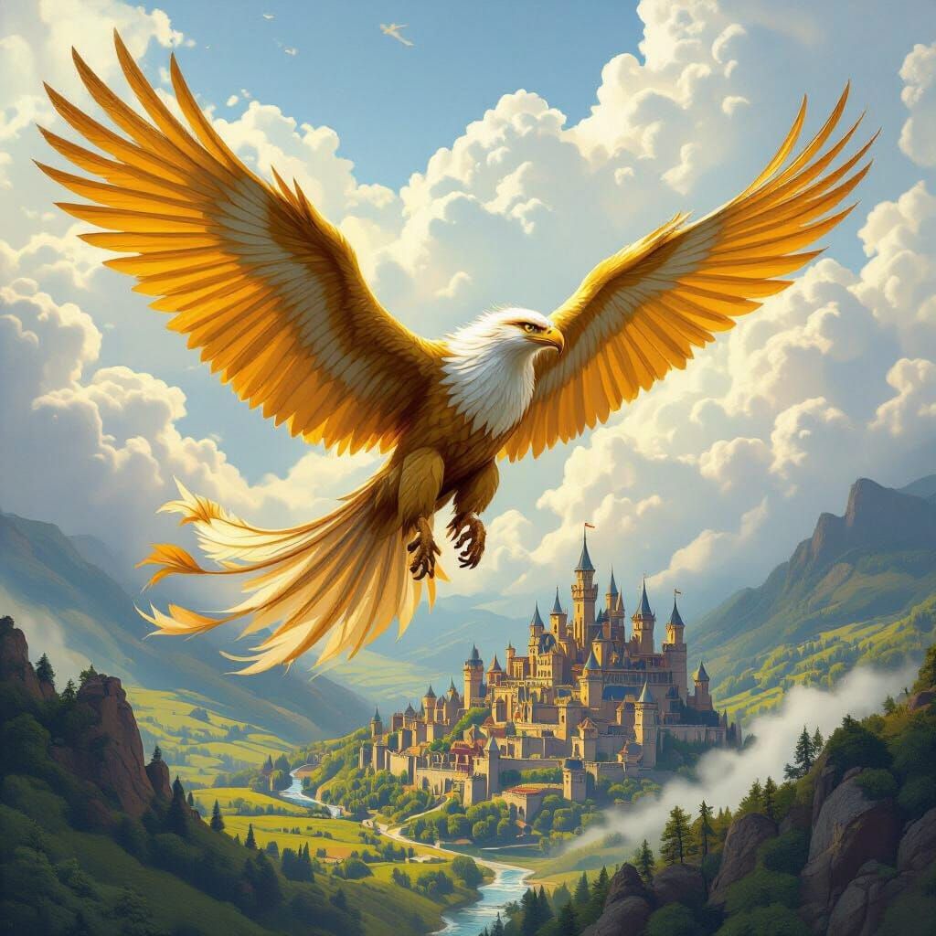 Golden Griffin Soaring Above Medieval Kingdom
