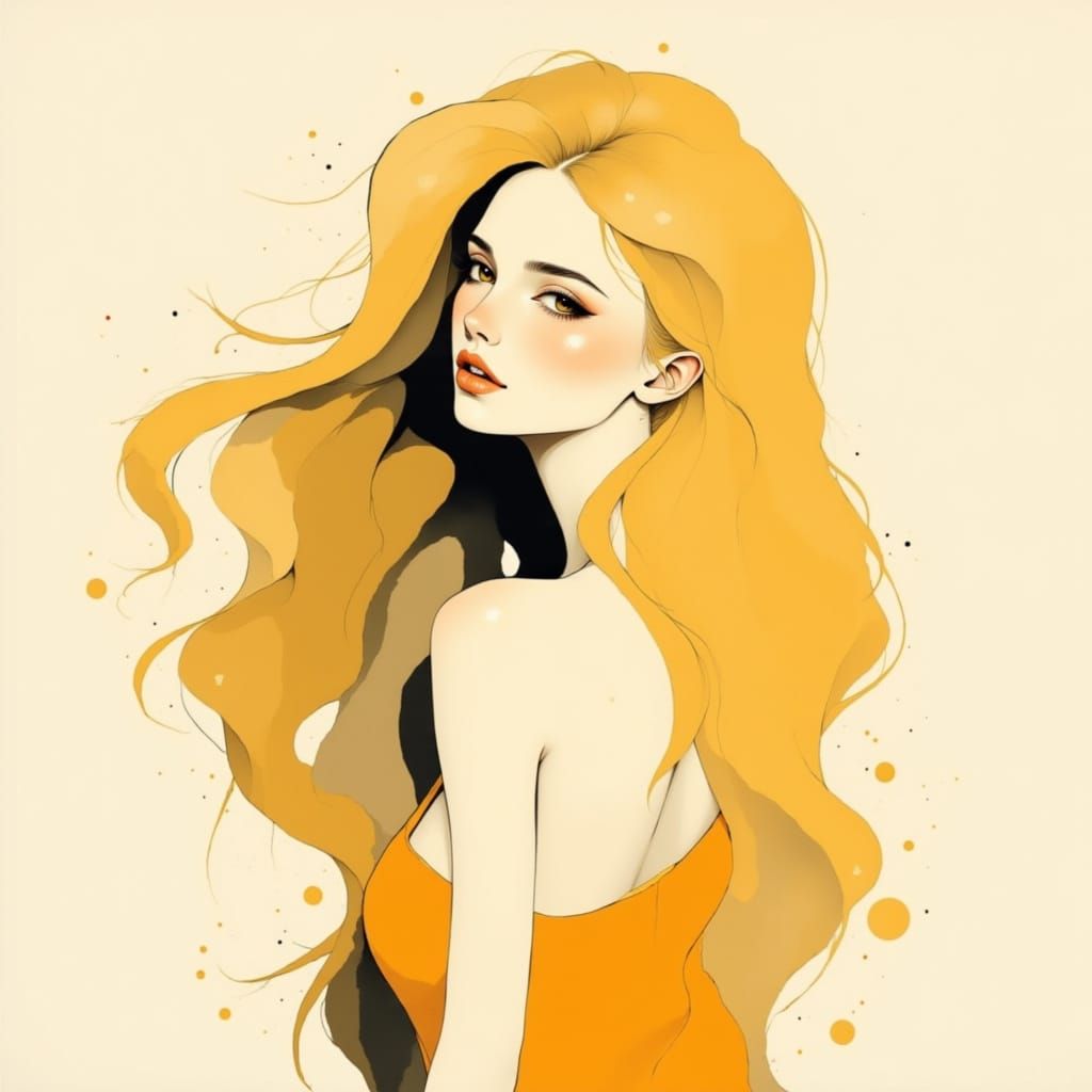 Minimalist Portrait Of A Woman With Flowing Golden Hair