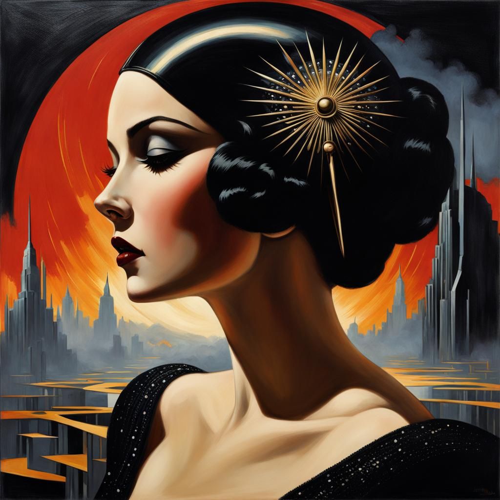 Dark Figures in Haze: Art Deco Sci-Fi Impasto