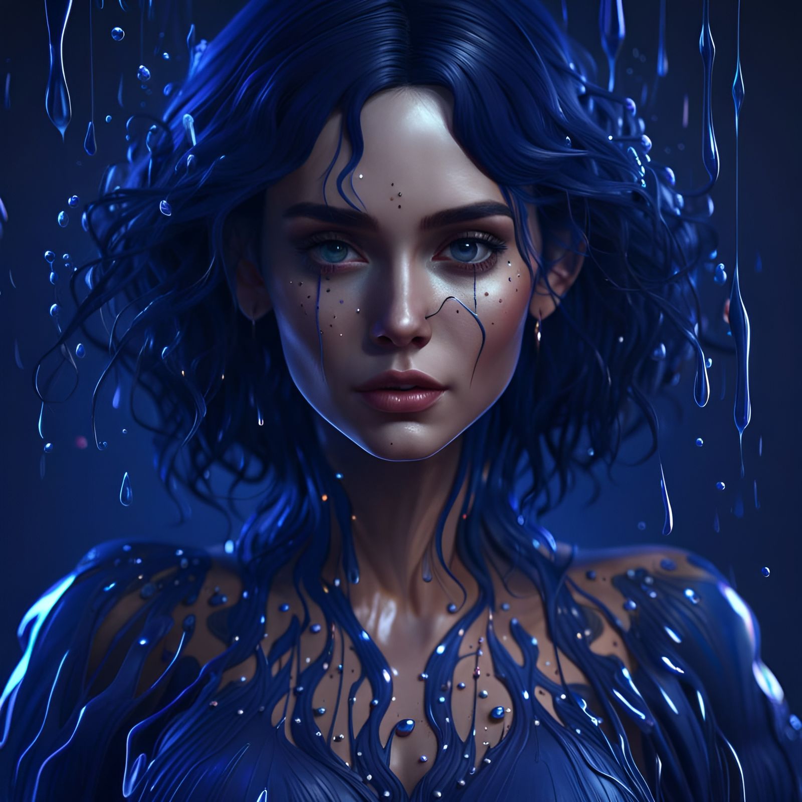 Beautiful Woman with Dark Blue Hair in Digital Art