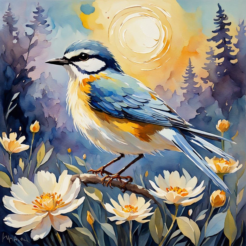 Dreamy Watercolor Bloom with Gentle Bird Companion