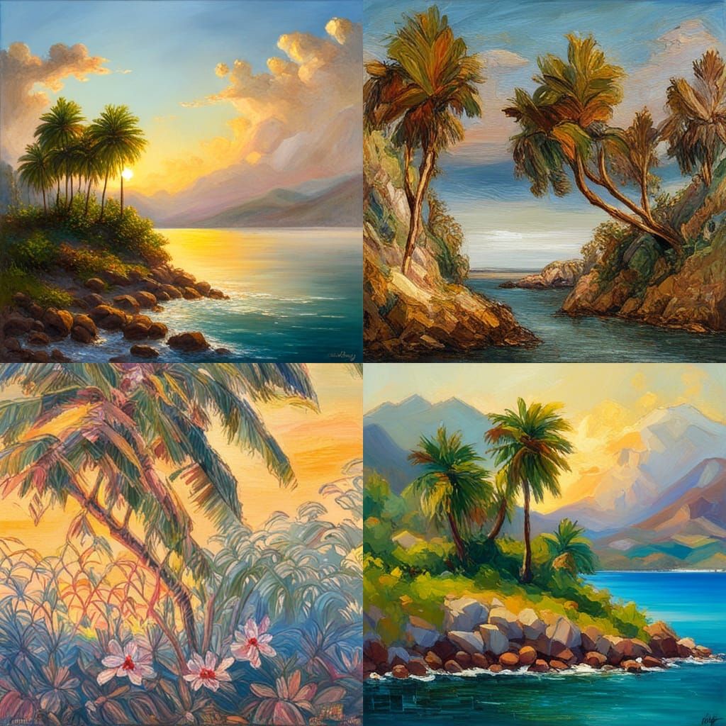 Blooming Island Sunset: Oil Painting in Gurney Style