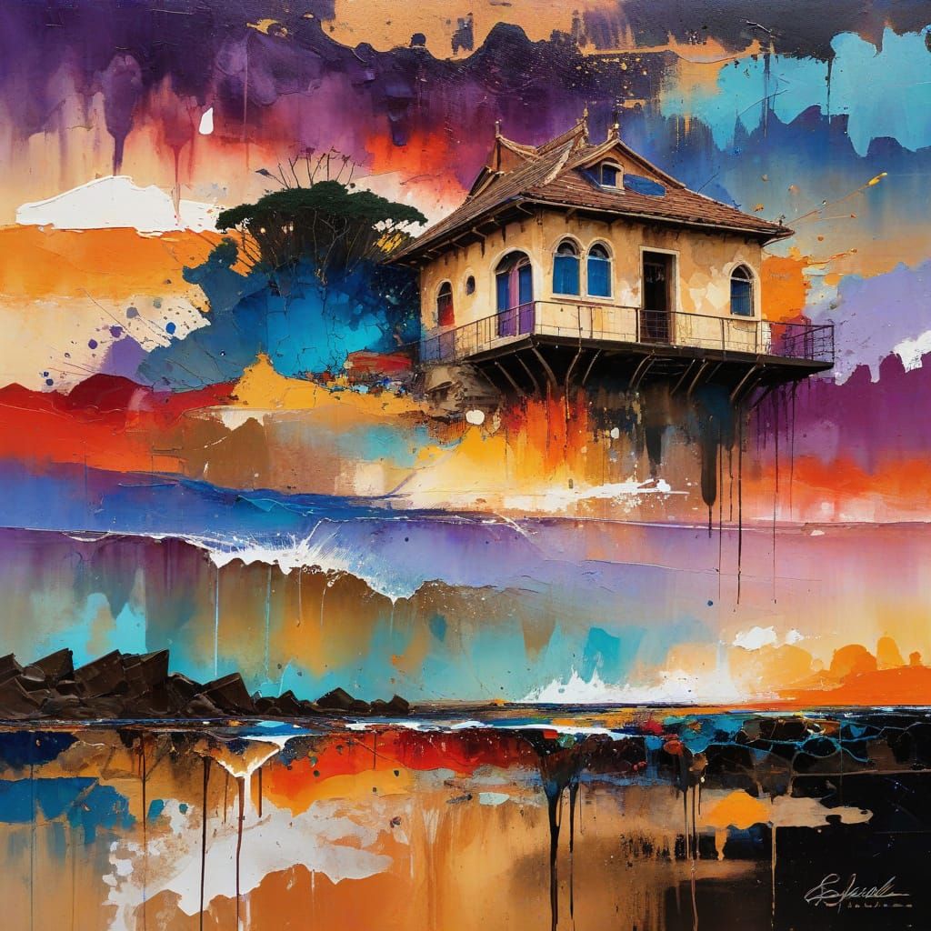 Surreal Amalfi Coast Scene at Sunset with Vibrant Colors and...