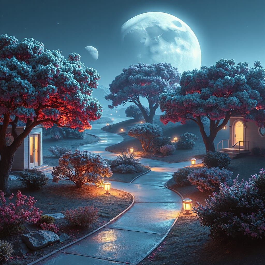 Futuristic Lunar Community with Glowing Pathways and Tree-Co...
