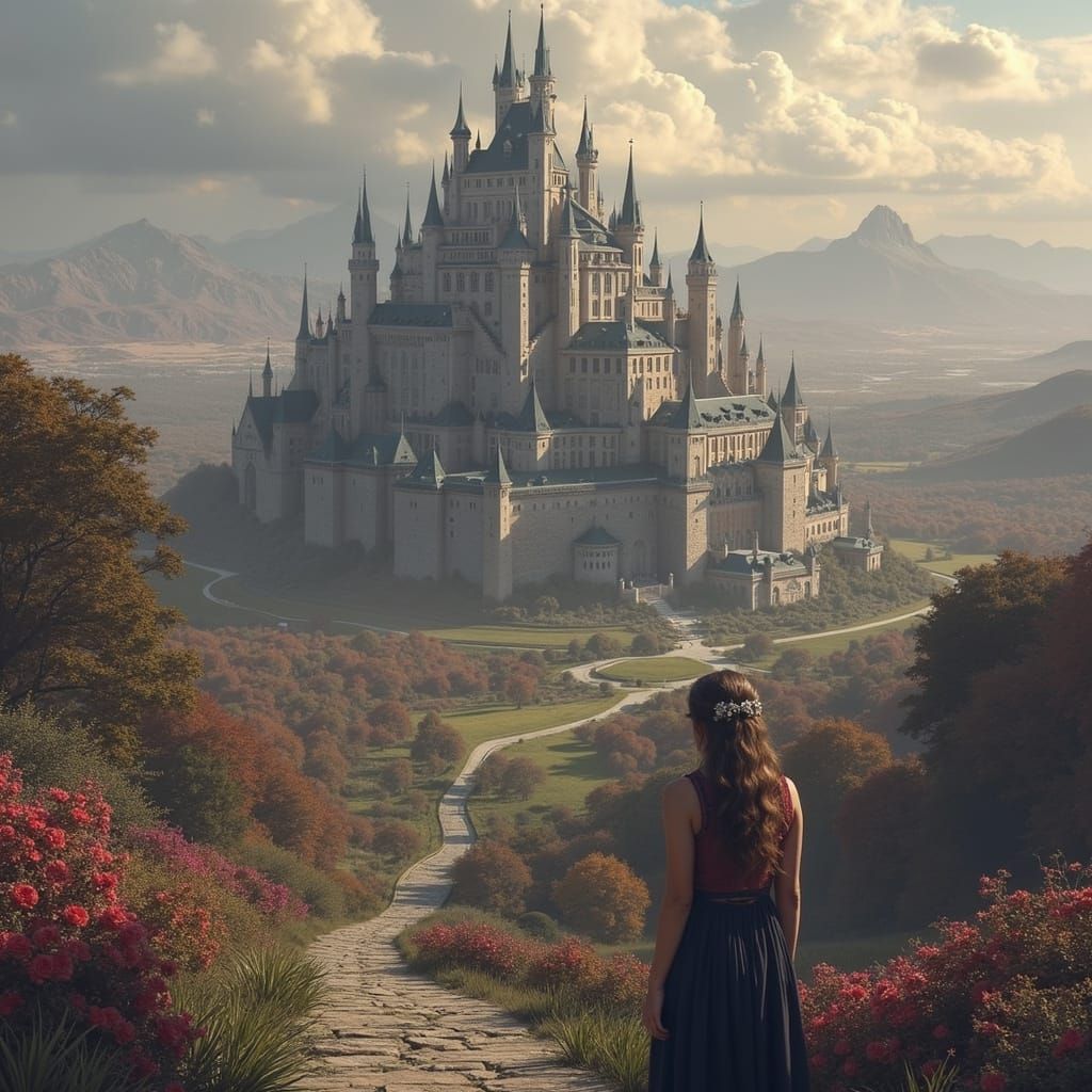 Woman Approaches Medieval City with Castle Gardens