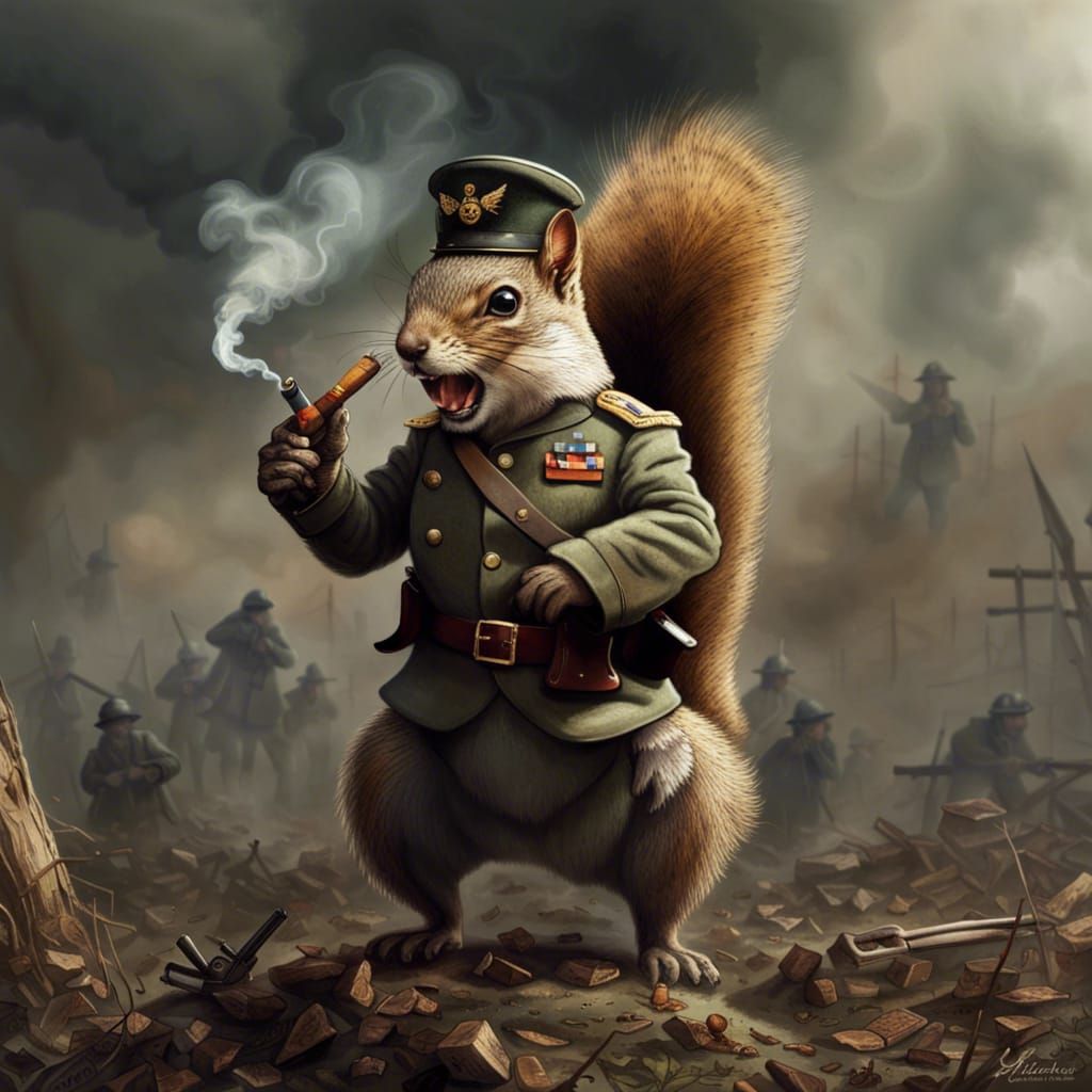 WWI Squirrel Soldier in Battlefield: Hyperrealistic Art