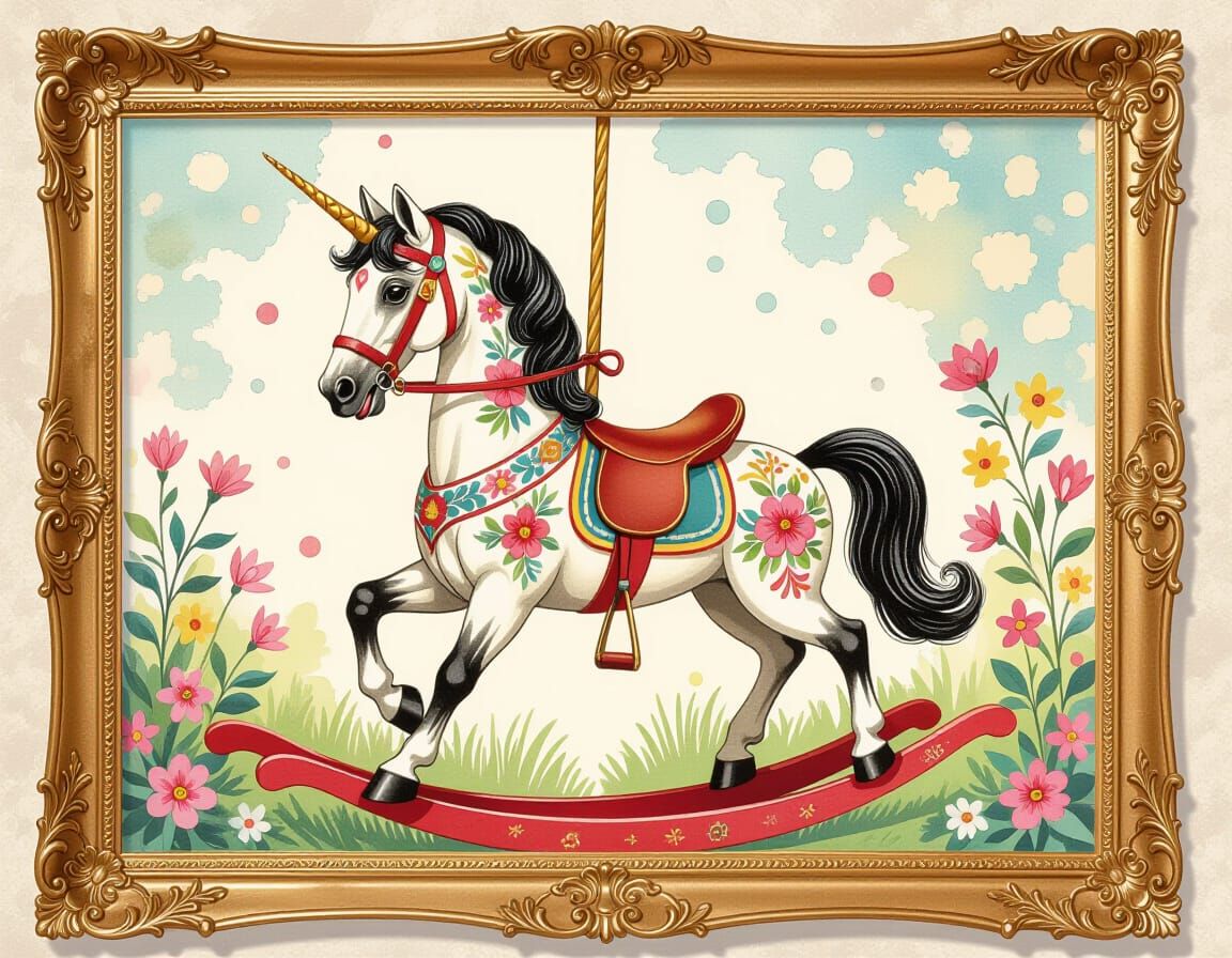 Floral Rocking Horse in Watercolor Style