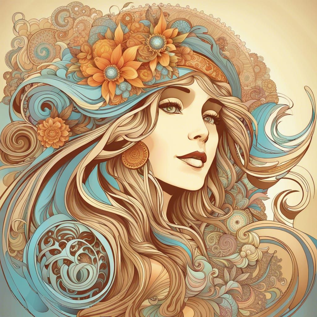 Hippie Girl Portrait in Art Nouveau Style