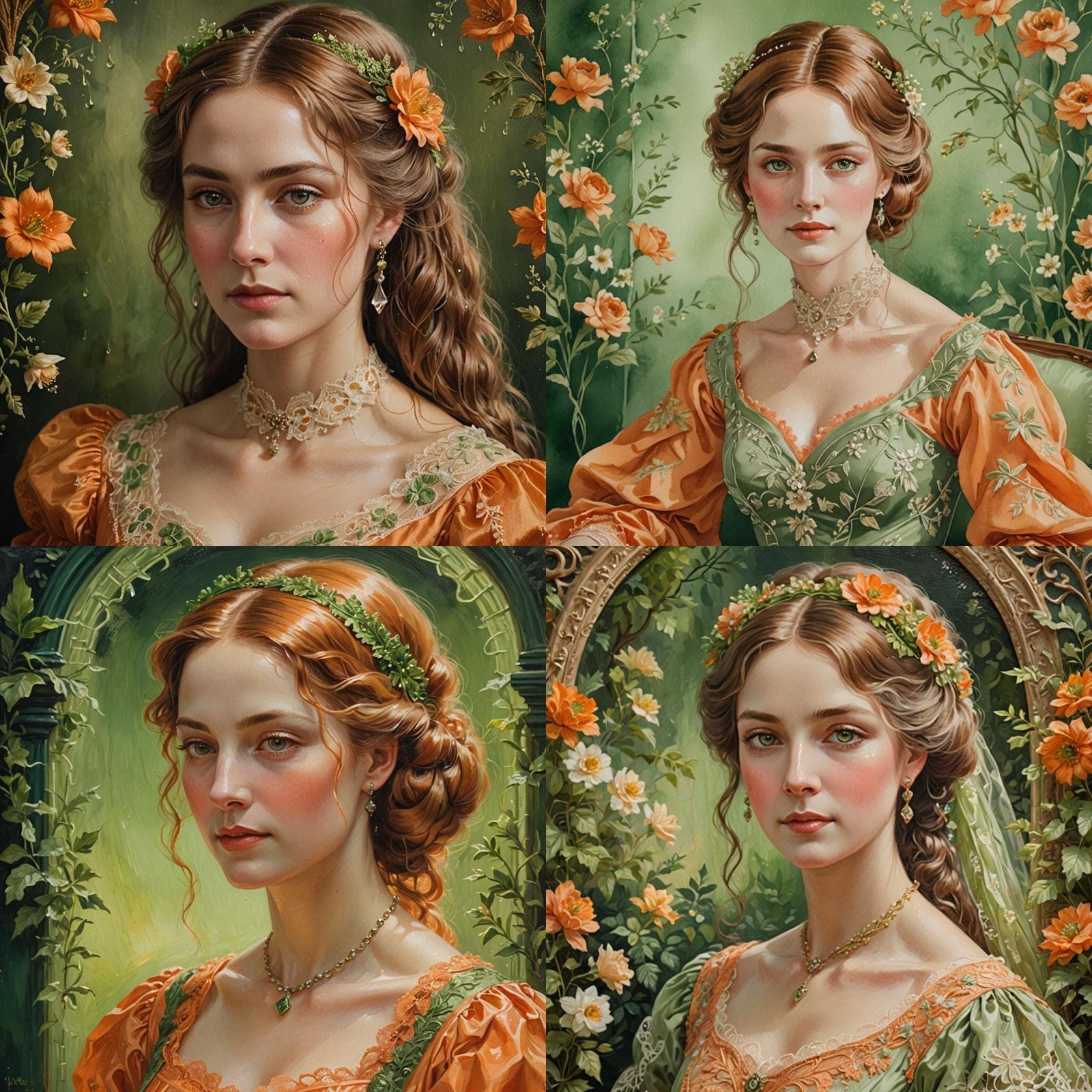 Victorian Lady Portrait with Green Lace and Orange Gown