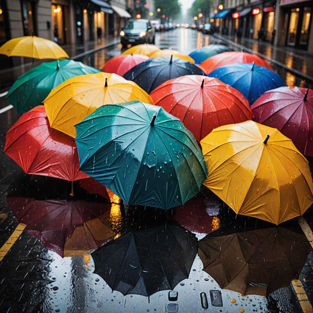 Impressionist Umbrella Dance Amidst Rainy City Streets