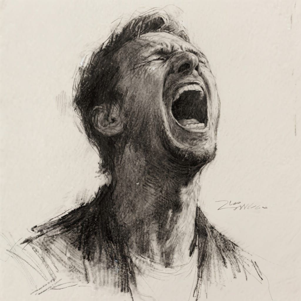 Charcoal Drawing of a Screaming Man