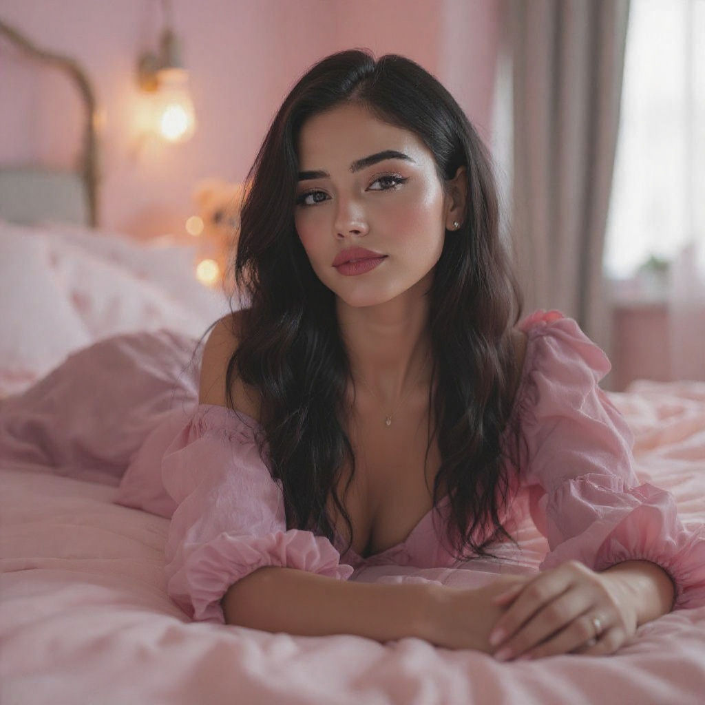 Realistic Woman in Pink Dress on Bed