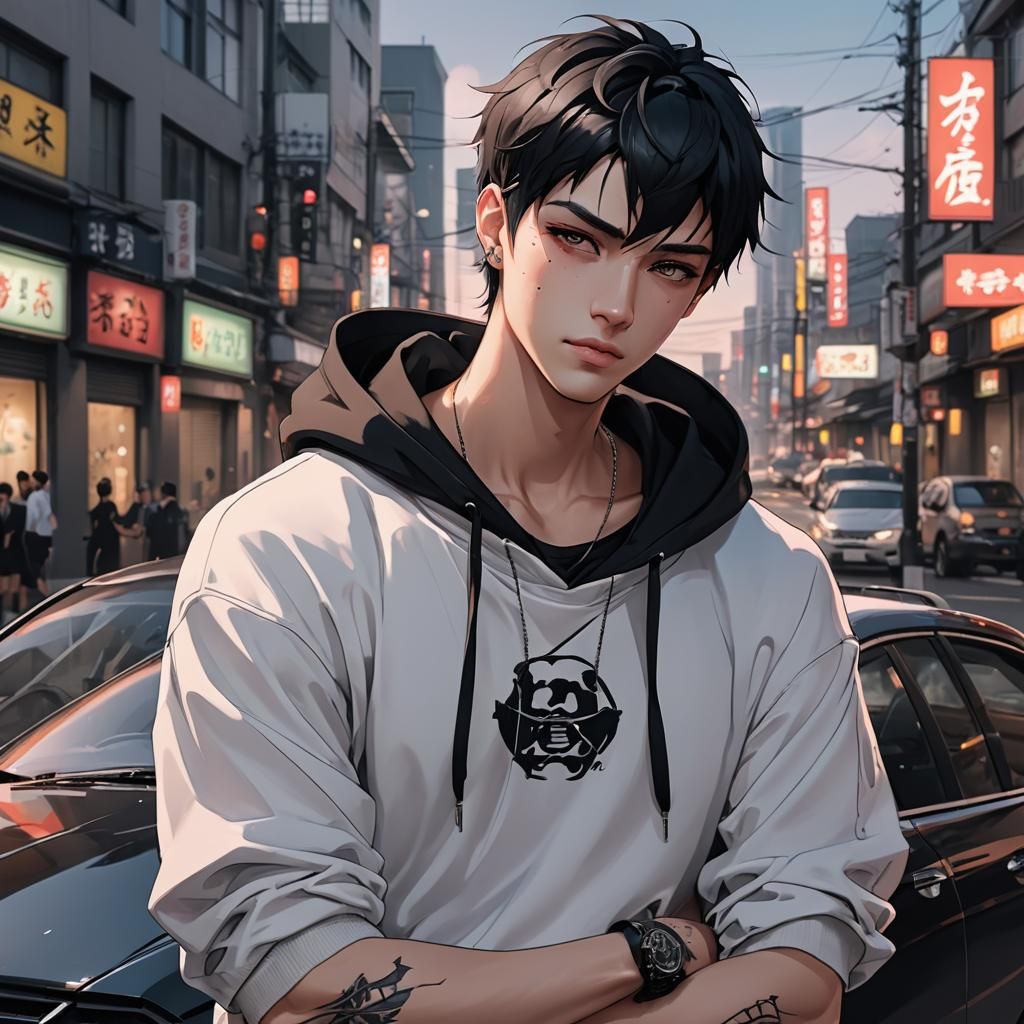 Handsome Anime Male Smirking in Neon Cityscape