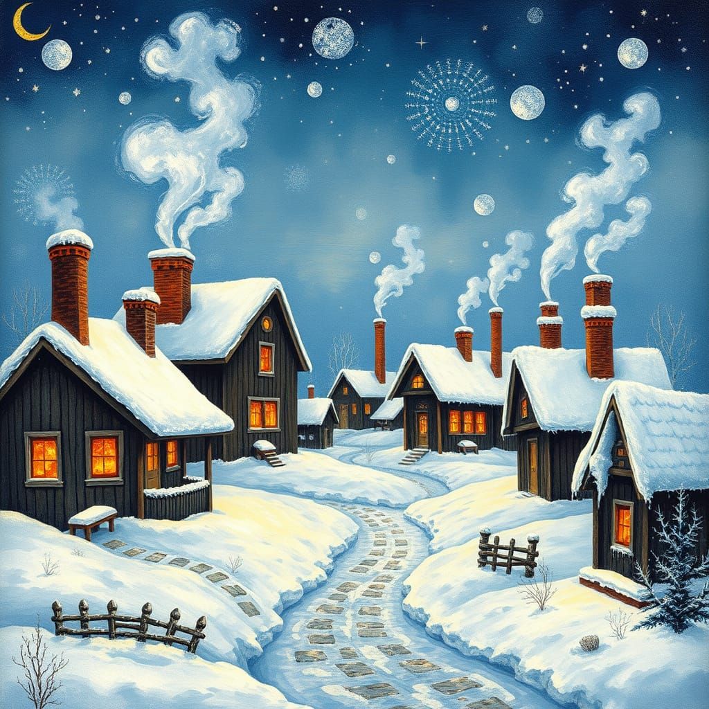 Winter Wonderland in Vibrant Folk Art Style