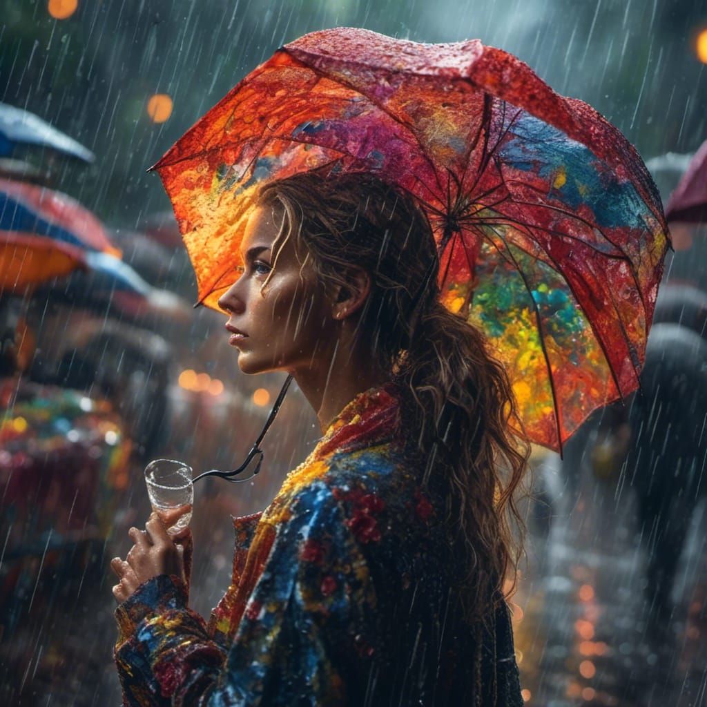 Serene Woman in Rain, Cinematic Still