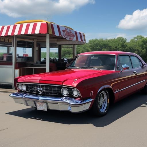 Happy Girl Cruises to Hamburger Stand in Vintage Car