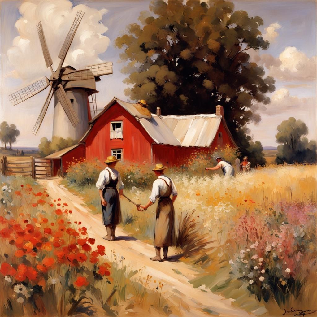 Idyllic Farm Life: Red Barn in Wheat Field