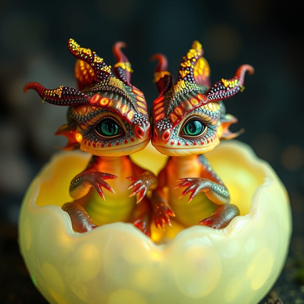 Dreamlike Dragon Twins Hatching in Fractal Splendor