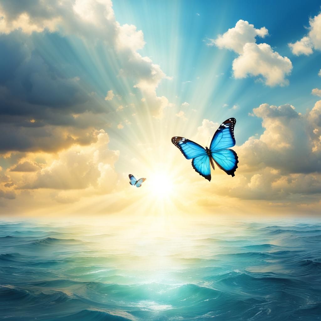 Butterfly in Divine Light Over the Ocean