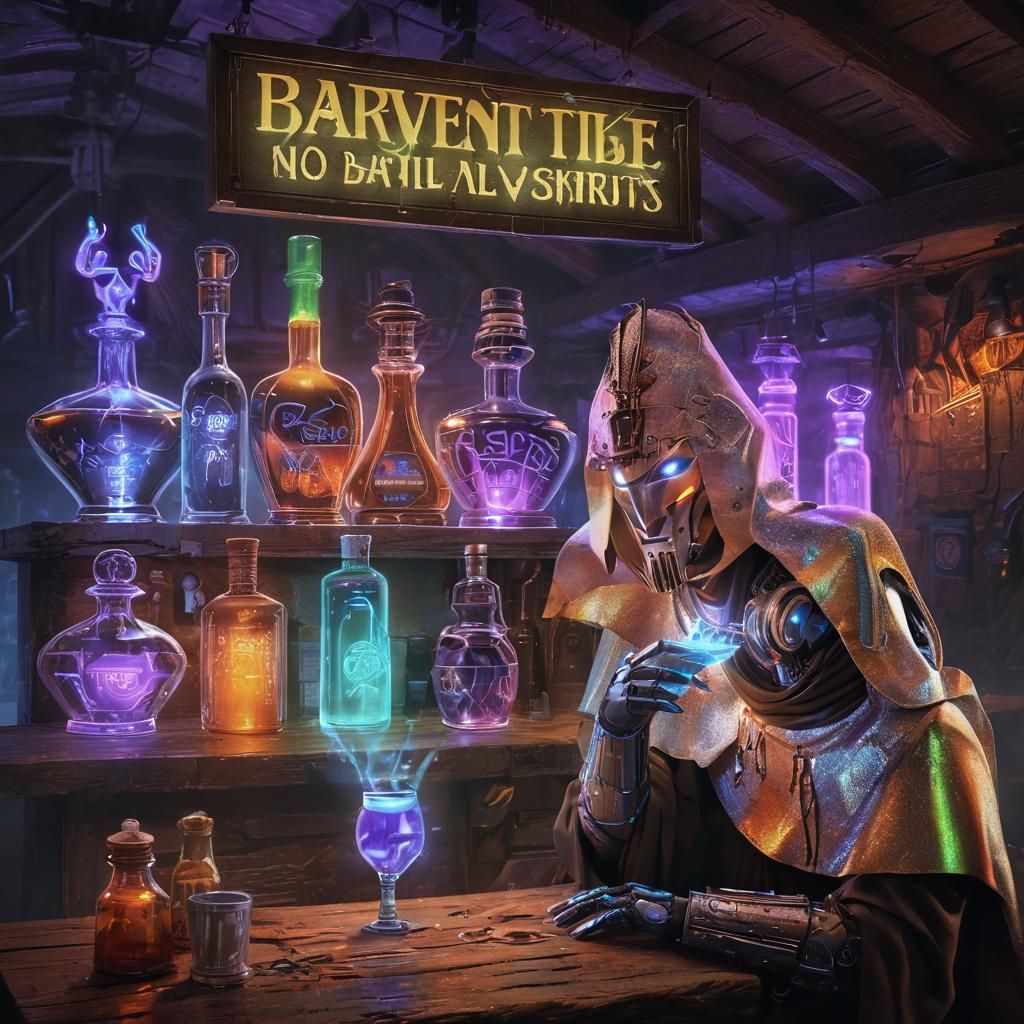 Cyberpunk Robotic Monk Drinks Glowing Shot in Skara Brae