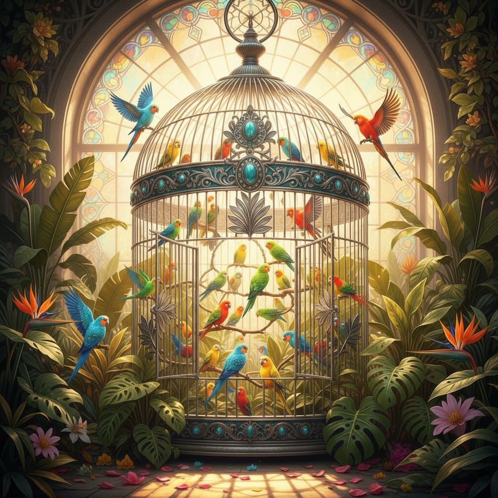 Ornate Silver and Teal Bird Cage with Parakeets