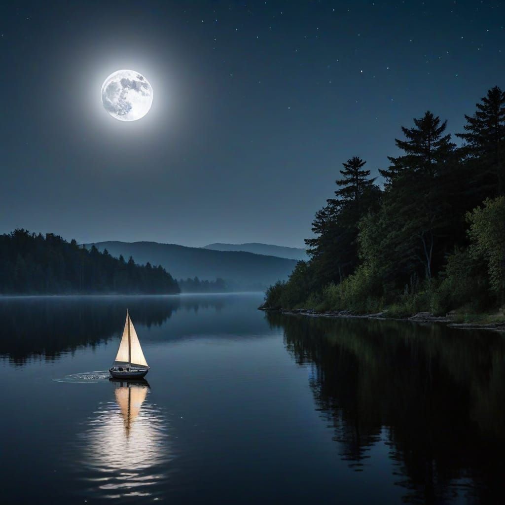 Moonlit Sailboat on a Serene Lake at Night