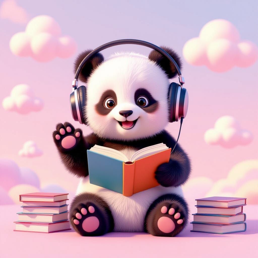 Cute Panda Reading Books Under Pink Sky