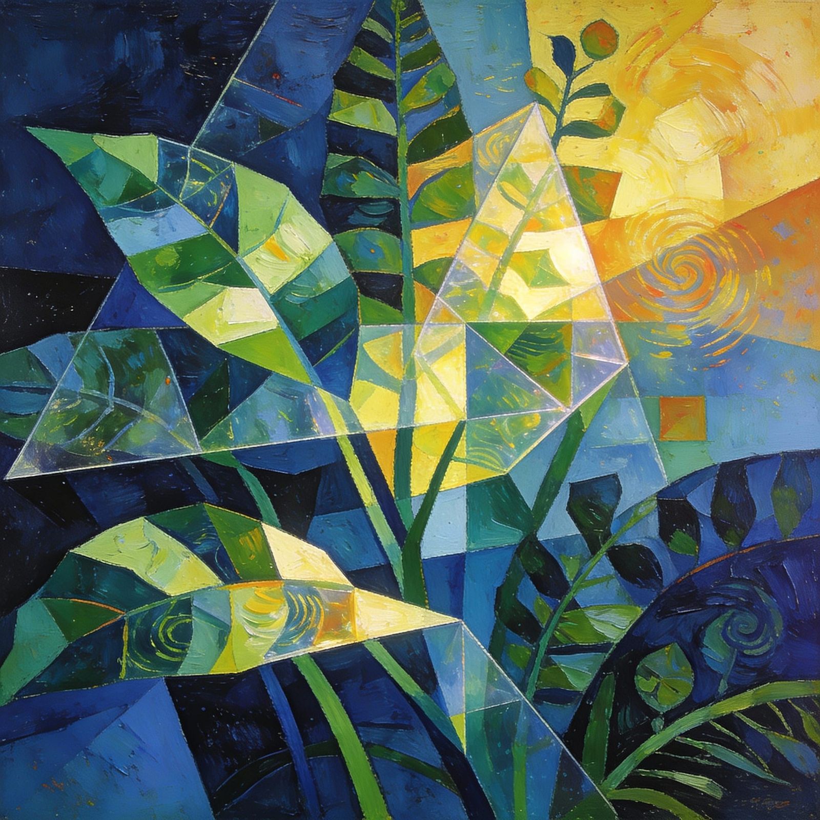 Cubist Nature Fusion: Fragmented Forms in Blue and Yellow