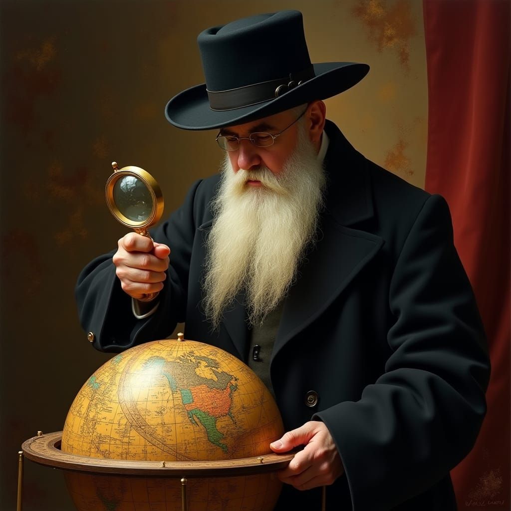 Orthodox Jew Examines Globe as Imaginative Realism Painting