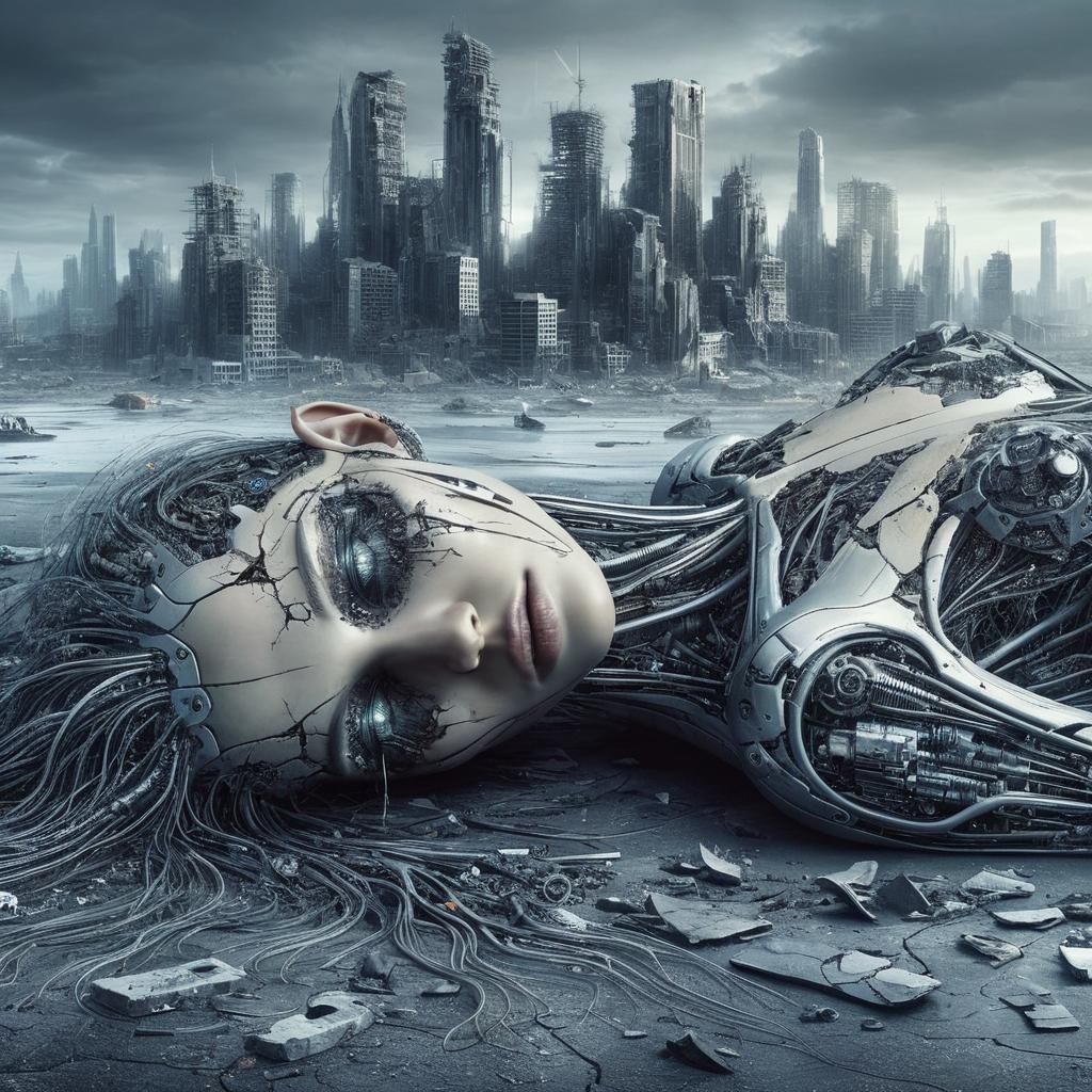 Dead Cyborg in Post-Apocalyptic Cityscape
