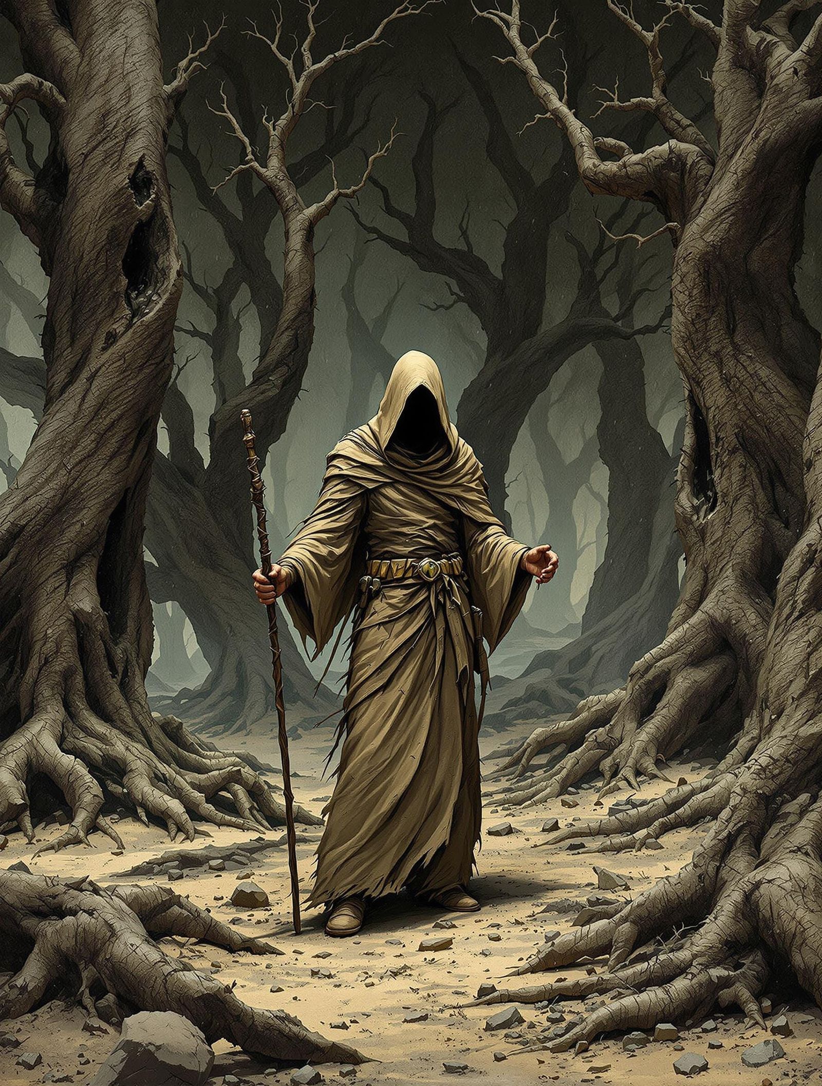 Dark Mage in War-Torn Forest: Digital Illustration
