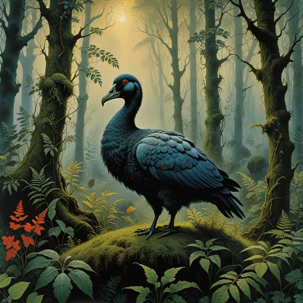 Majestic Dodo in a Mystical Old Forest Landscape