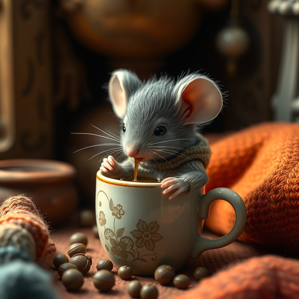Mouse Sipping Coffee: Detailed Realism and Cozy Atmosphere
