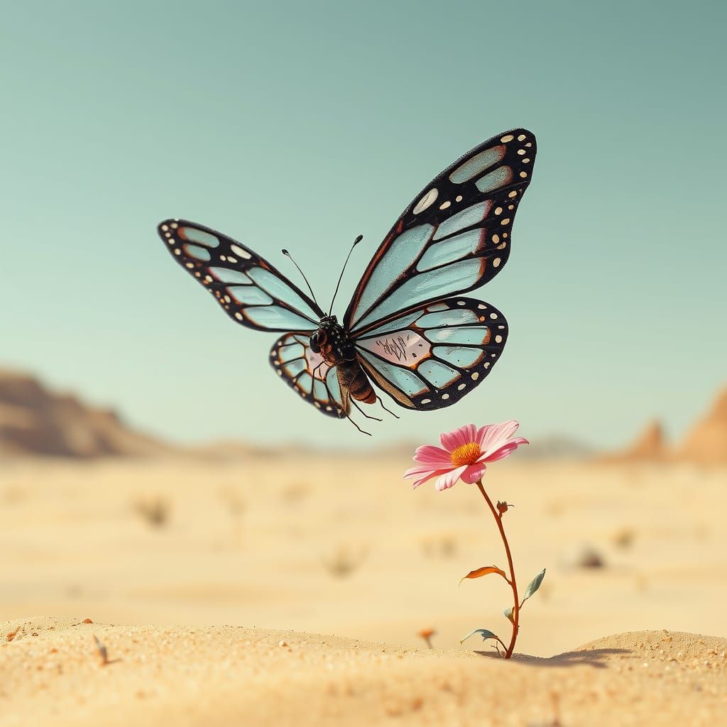 Butterfly in Exosuit Searches Desert Flower, Digital Art