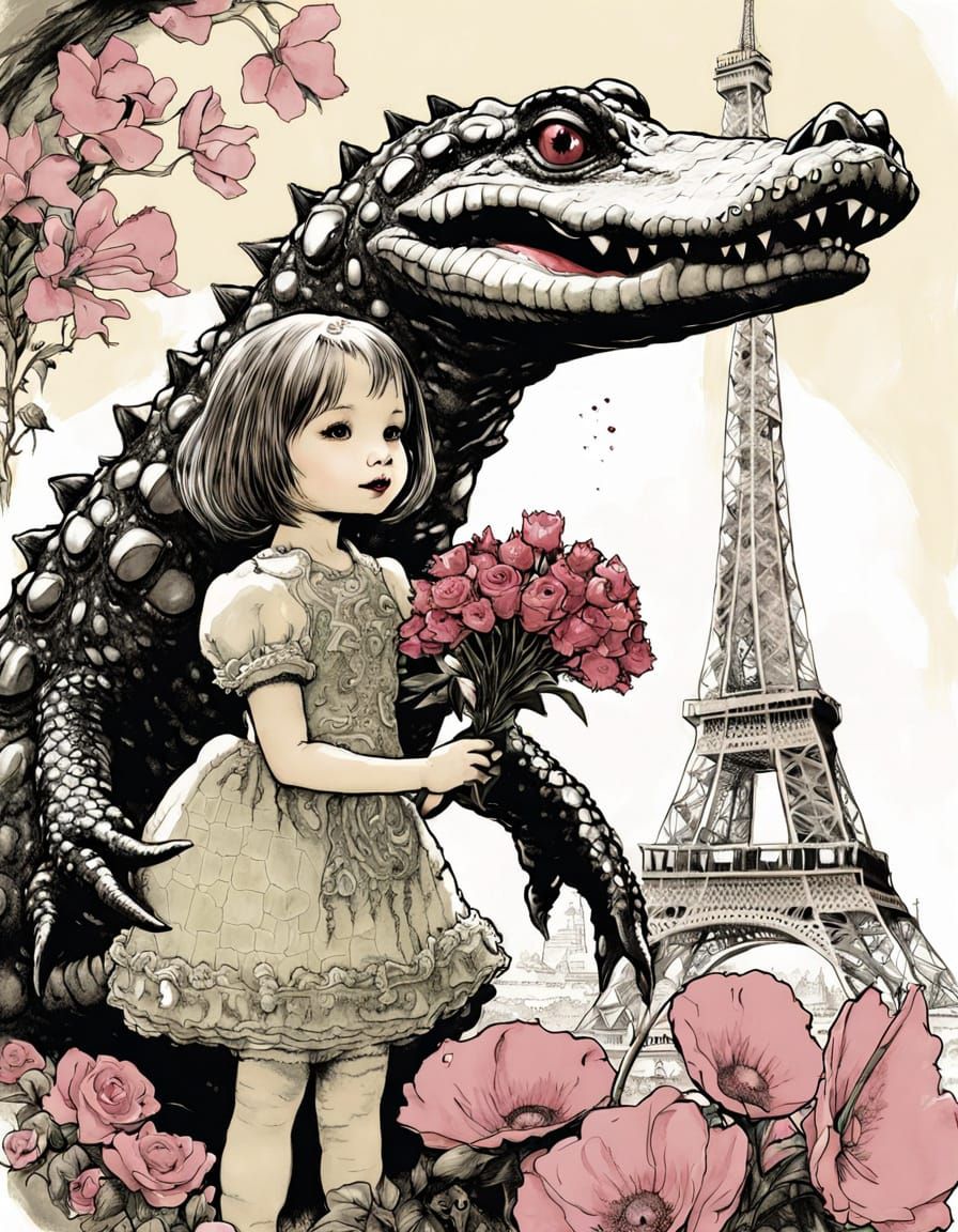 Kaiju Alligator's Gift: Whimsical Ink Illustration