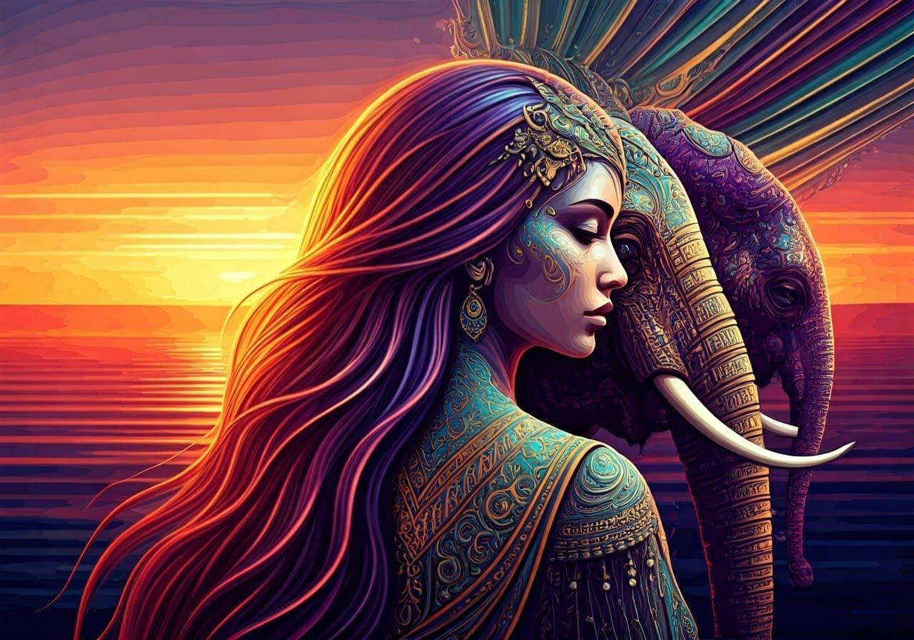Woman and Elephant Sunset in Art Brut Style