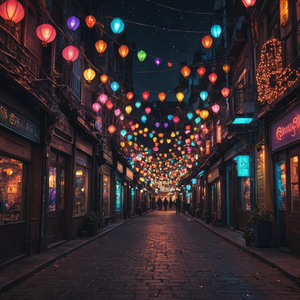 Neon Lanterns in a Magical Cityscape