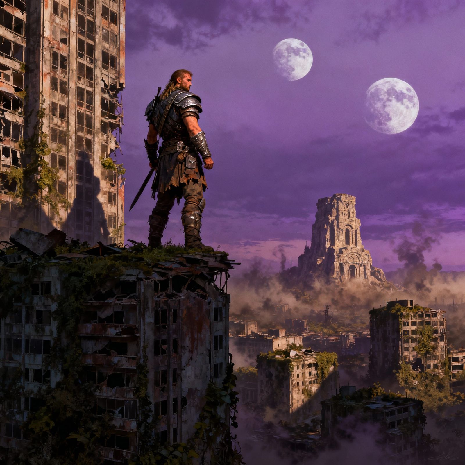 Barbarian Warrior Overlooks Overgrown City Under Twin Moons