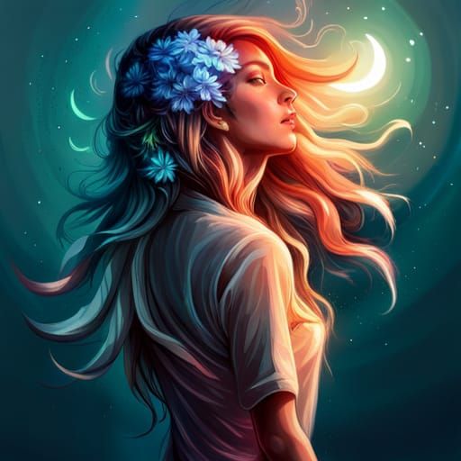 Celestial Woman with Flowers: Digital Fractal Art