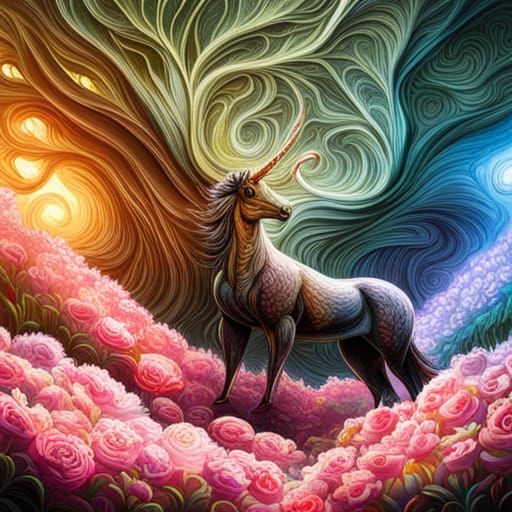 Detailed Black Unicorn Head with Rosebuds