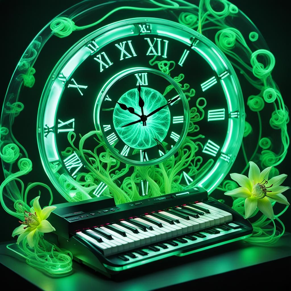 Hourglass in Keyboard with Neon Spiral, Atompunk Style